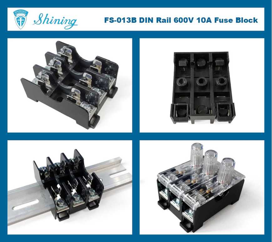 FS-013B For 6x30mm Fuse Din Rail Mounted 600V 10A 3 Way Fuse Block