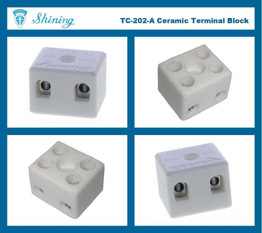 Панельный керамический клеммный блок TC-202-A, 600 В, 20 А, 2 полюса
